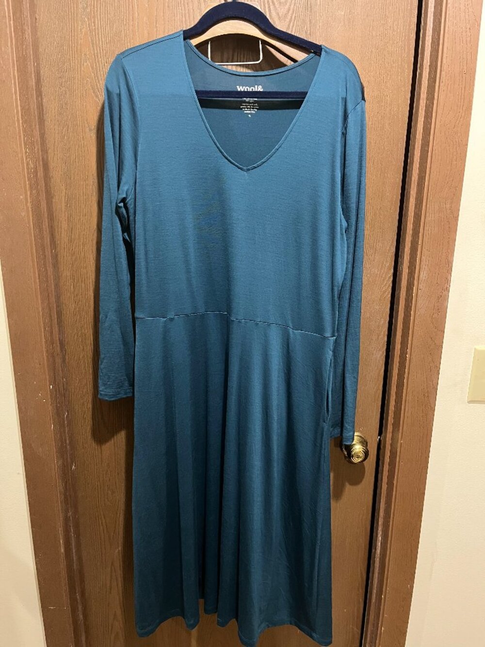Wool& Merino Wool V Neck Midi Dress XL Teal Blue Long Sleeve Pockets Travel